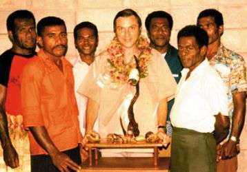 Columban Fr. Charles Duster (center) at the Fiji Solevu Catholic mission
